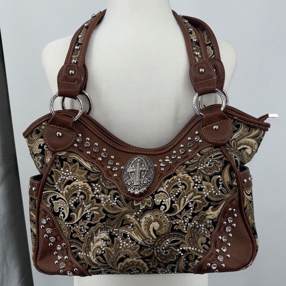 Montana West Rhinestone Leather Trim Handbag